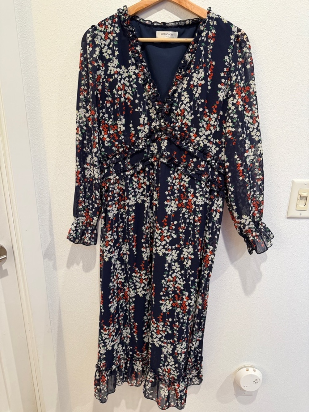 Navy Floral Ruffle Midi Dress with Tie-Front by